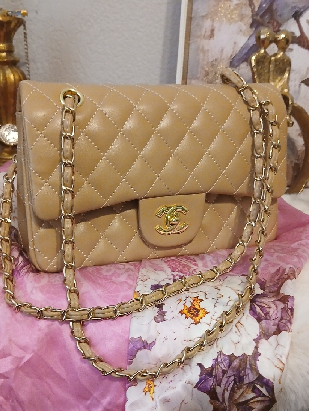 CHANEL Rare Beige & Red Quilted Double Flap Shoulder Bag with Gold Chain